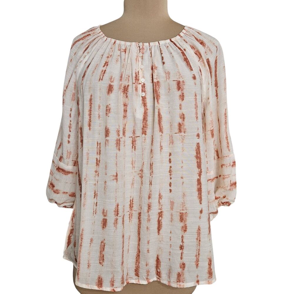 New Directions Top Womens Medium Peasant Boho 3/4 Sleeve Coral White Keyhole‎